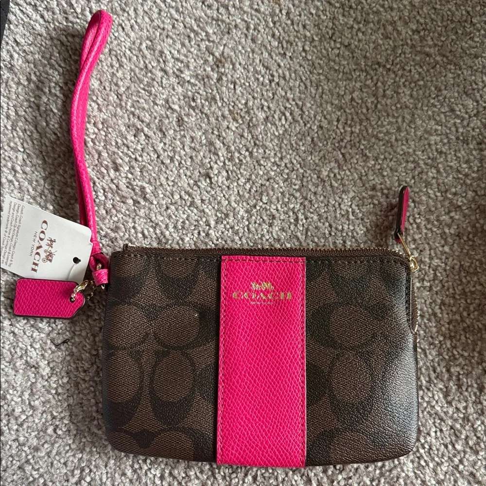 Coach Brown Signature Canvas Wristlet with Hot Pink Center Stripe